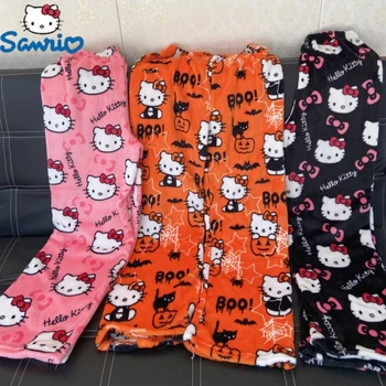 Horúca Novinka Sanrio Hello Kitty Pyžamo Halloween Flanelové Módne Trouserswomen Kawaii Vlnené Anime, Komiksu Bežné Domáce Nohavice Jeseň