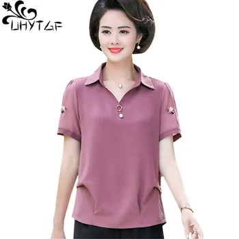 UHYTGF Letné tričko ženy voľné tenké tričko žena pevný farebný pulóver veľká veľkosť t-shirt klope pulóver letné topy 1390