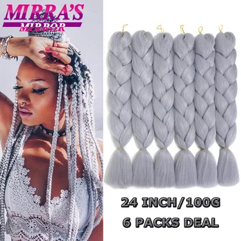 6 Zväzok Pletenie Vlasy 24 Palcový Syntetické Jumbo Box Sieťky, Afro predlžovanie Vlasov pre Sieťky, Čistý/Ombre Farba Silver Grey Falošné Vlasy