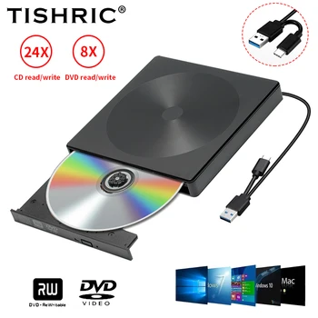 TISHRIC Externú DVD Napaľovačku diskov CD USB 3.0 Typ C DVD a CD RW Spisovateľ Horák Optické Prehrávač PC, Notebook Tablet, DVD Prehrávač