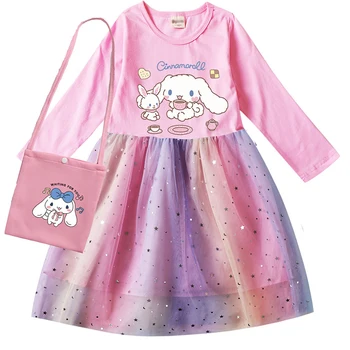 Anime Sanrio Deti Bavlna Voľné Long-Sleeve Večerné Šaty Y2K Cinnamoroll Skladaný Princezná Šaty Jeseň Dievčatá Party Šaty Darček