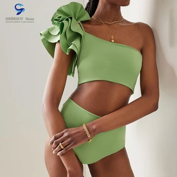 Prehrabať Bikini Farbou Rameno Tlač na Kvetinový Vysoký Pás Plavky dvojdielne plavky Nastaviť Ženy Dizajnér Plavky, Letné Plážové oblečenie