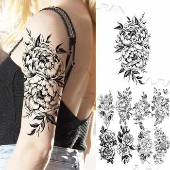 Veľké Čierne Kvet Dočasné Tetovanie Pre Ženy, Dievčatá Realistické Rose Motýľ Had Flóry Falošné Tetovanie Nálepky Rameno Nohu Tatoos 3D