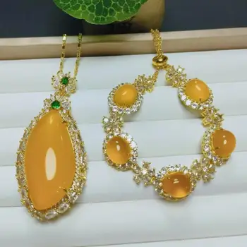 Ženy Pyrit Šperky Set S Emerald Zirkón Myanmar Jadeite Leaf Prívesok Náhrdelník A Náramok Luxusné Jades Jewelries Sady