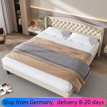 Štýlové mäkké čalúnené postele s zamatovo čelo, 160 x 200 cm, tlačidlo dekor a robustné drevené panely, béžová
