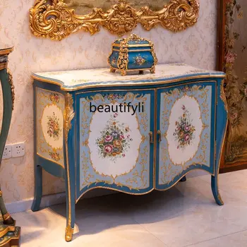 yj francúzsky Elegantné Pevné Drevené Dvere Vchodu Kabinetu Ručné Maľovanie Kvetinová Modrá Kuriozita Skrine