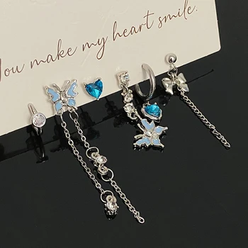 6Pcs Nádherné Modré Crystal Motýľ Visieť Náušnice pre Ženy Romantické Bowknot Srdce Reťazca Strapec Doplnky, Módne Šperky