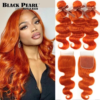 Black Pearl Malajzie Telo Wave 3 Zväzky S Uzáverom Orange Zázvor Zväzky S Uzáverom 100% Remy Ľudské Vlasy Rozšírenie