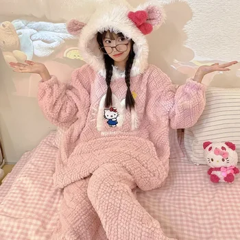 Anime Sanrio Kawaii HelloKitty Nové Pyžamo s Kapucňou Jeseň a v Zime Pribrala Pohodlné Roztomilý Kreslený oblečenie pre voľný čas Coral Velvet